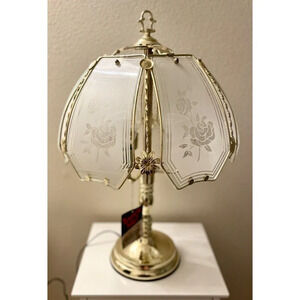 Vintage NWT 3Way Touch Lamp White Frosted Glass Floral Gold Brass Wentech 21”